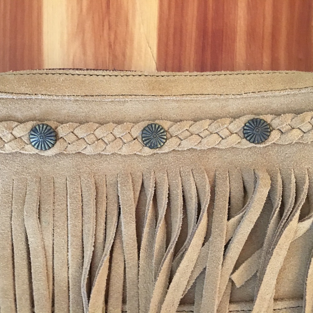 Minnetonka Camel Suede Fringe Mid-Size Crossbody Bag with Bronze Medallions - Picture 7 of 15